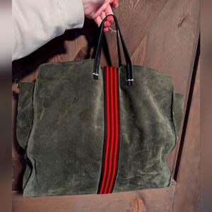 Clare V Suede Tote Green Red Stripe Brass Feet